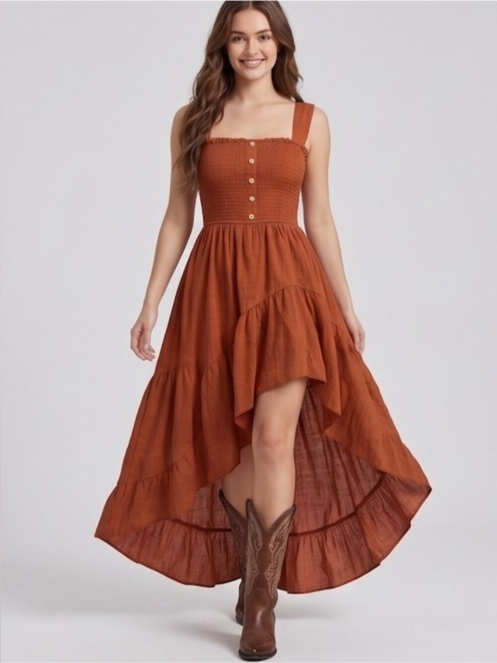 Smocked High-Low Maxi Dress with Buttons Rust - Orange